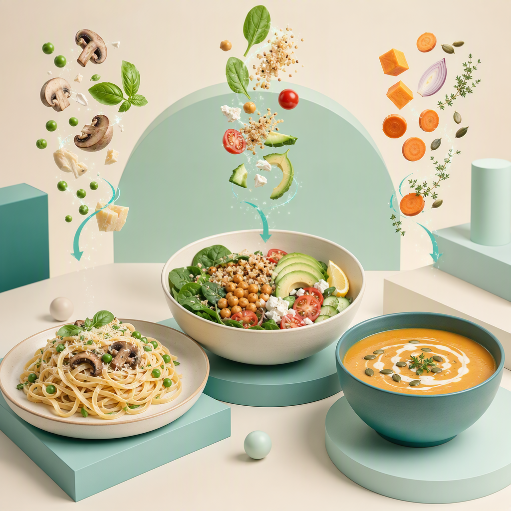 Three finished home-cooked meals on plates