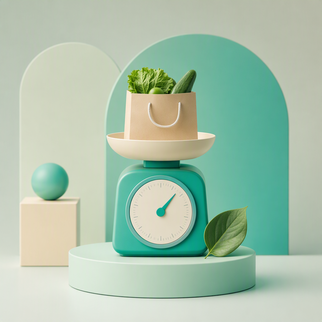Kitchen scale with shopping bag and leaf representing savings